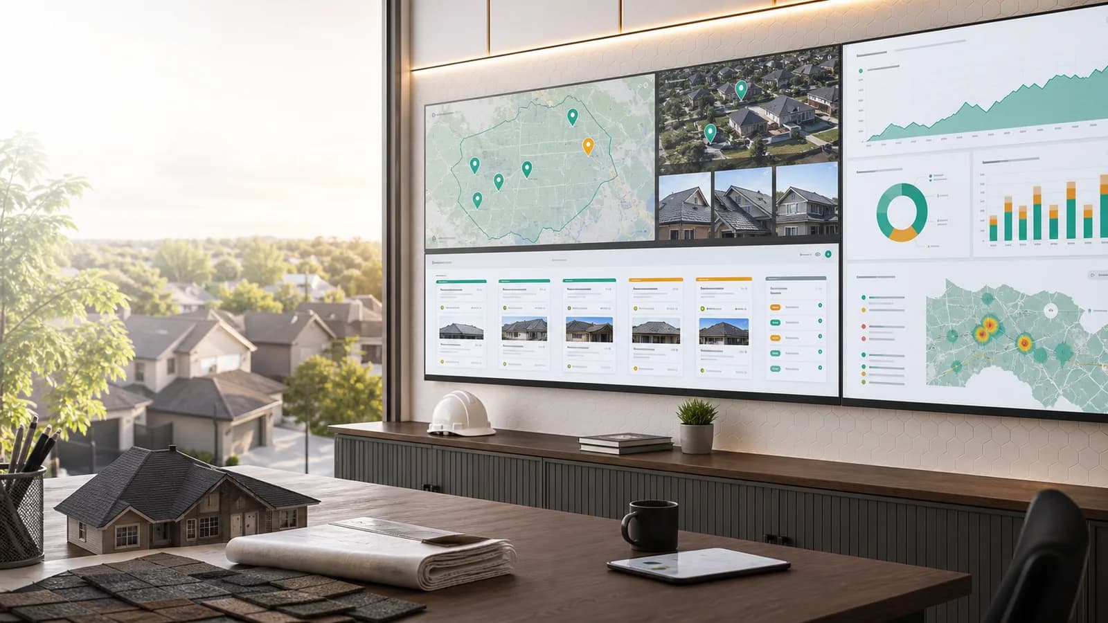 Roofer marketing SEO command center with service area maps, lead dashboards, roof project cards, and search visibility analytics