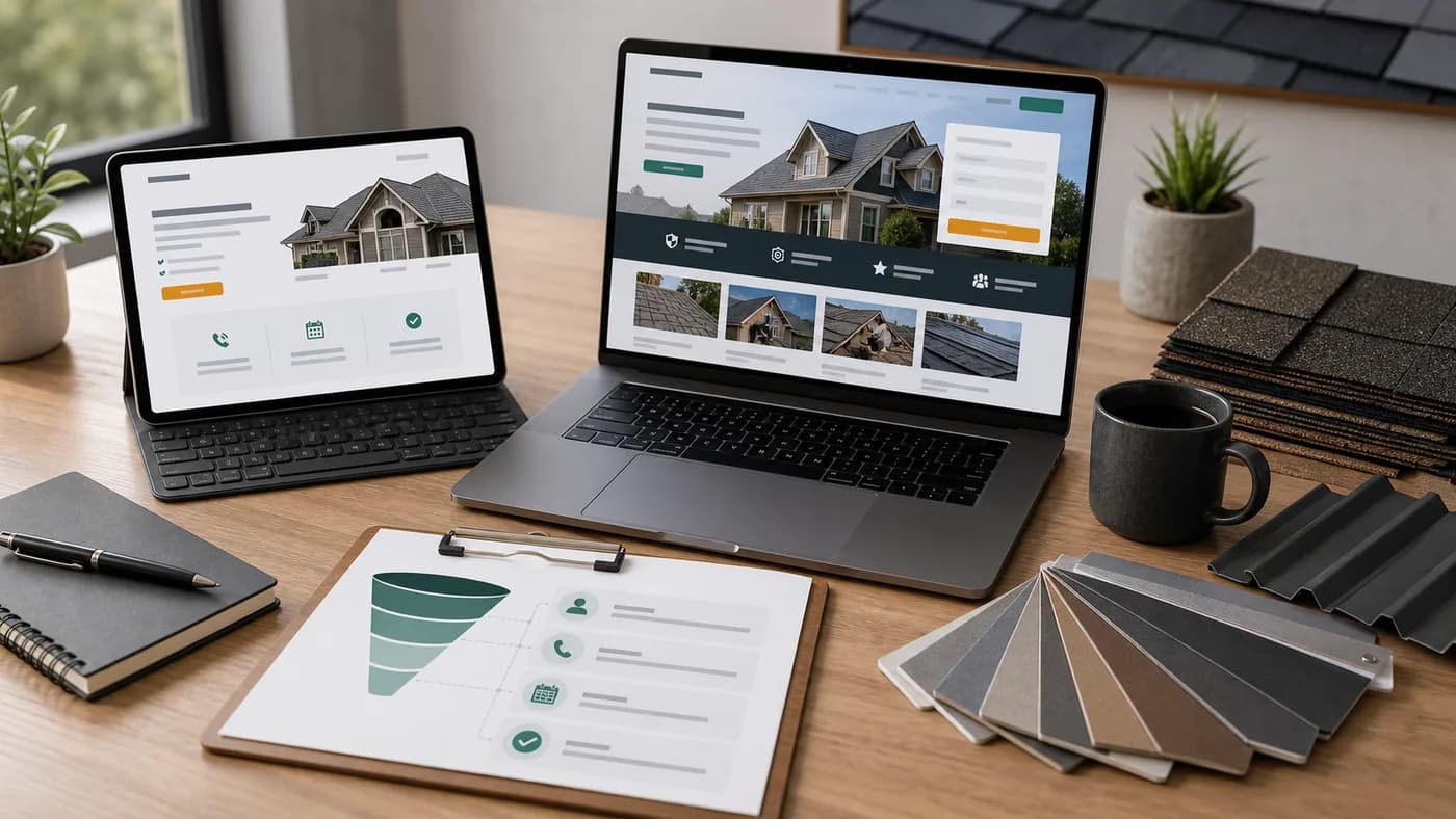 Roofing landing pages conversion funnel shown on laptop and tablet with roof project visuals, lead forms, and material samples